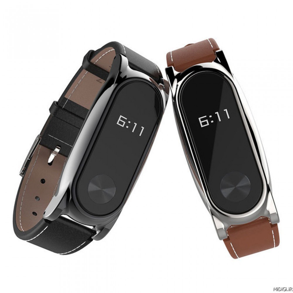 بند چرمی با فریم فلزی می بند 2 می جابز شیاومی شیائومی | Xiaomi Mi Band 2 Pu Plus Mijobs Leather Strap with Metal Frame